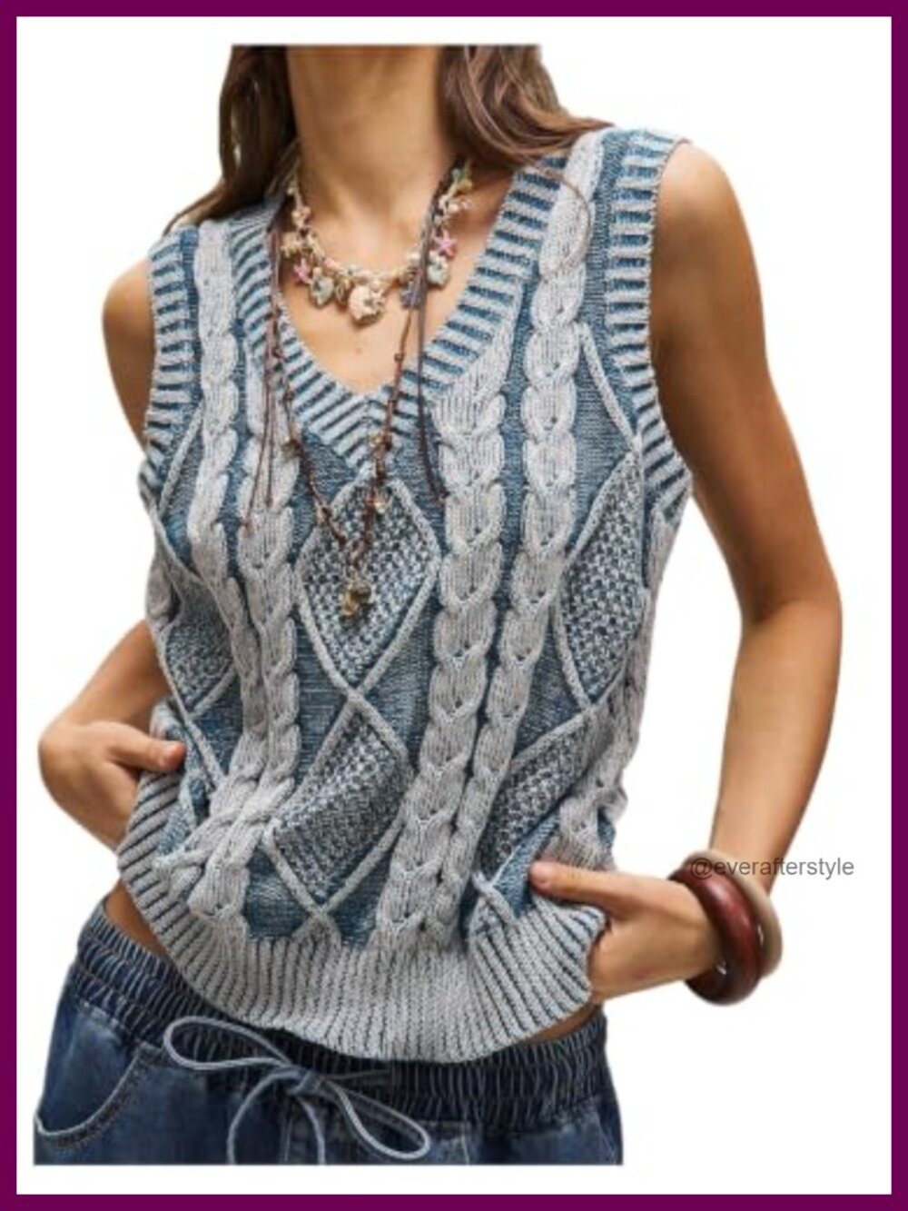 Womens Boho Cable Knit Sweater Vest Sleeveless Casual V-Neck Tank Top